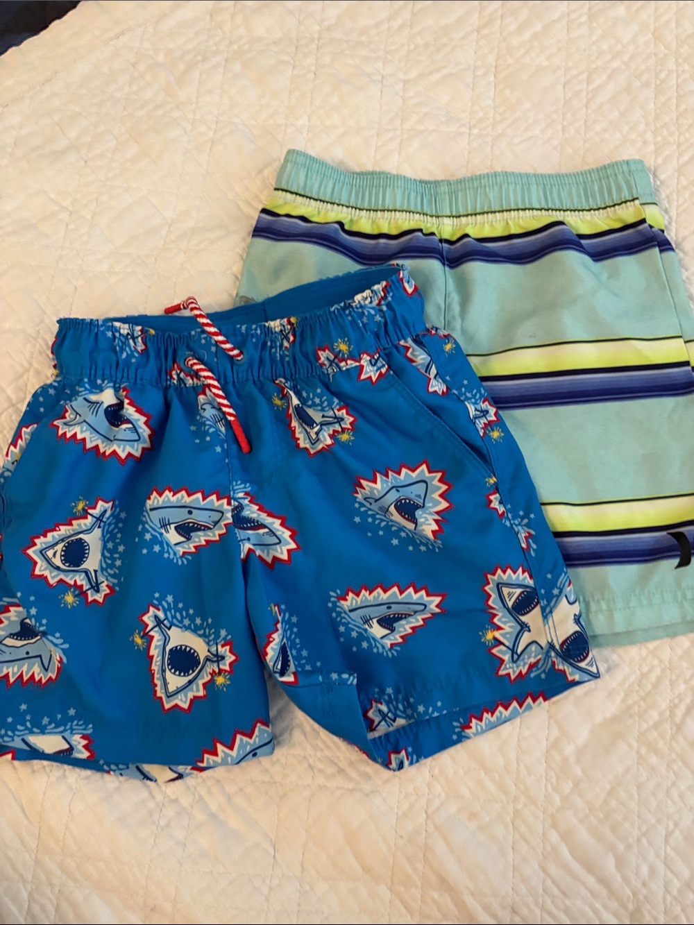Blue Shark Print  and Striped Kids Swim Shorts - Pack of 2